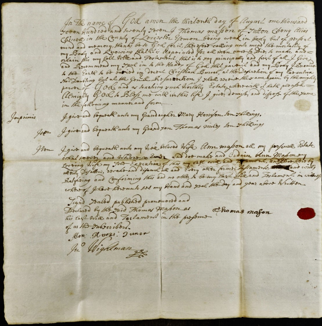 Thomas MASON's last will and testament of 1727